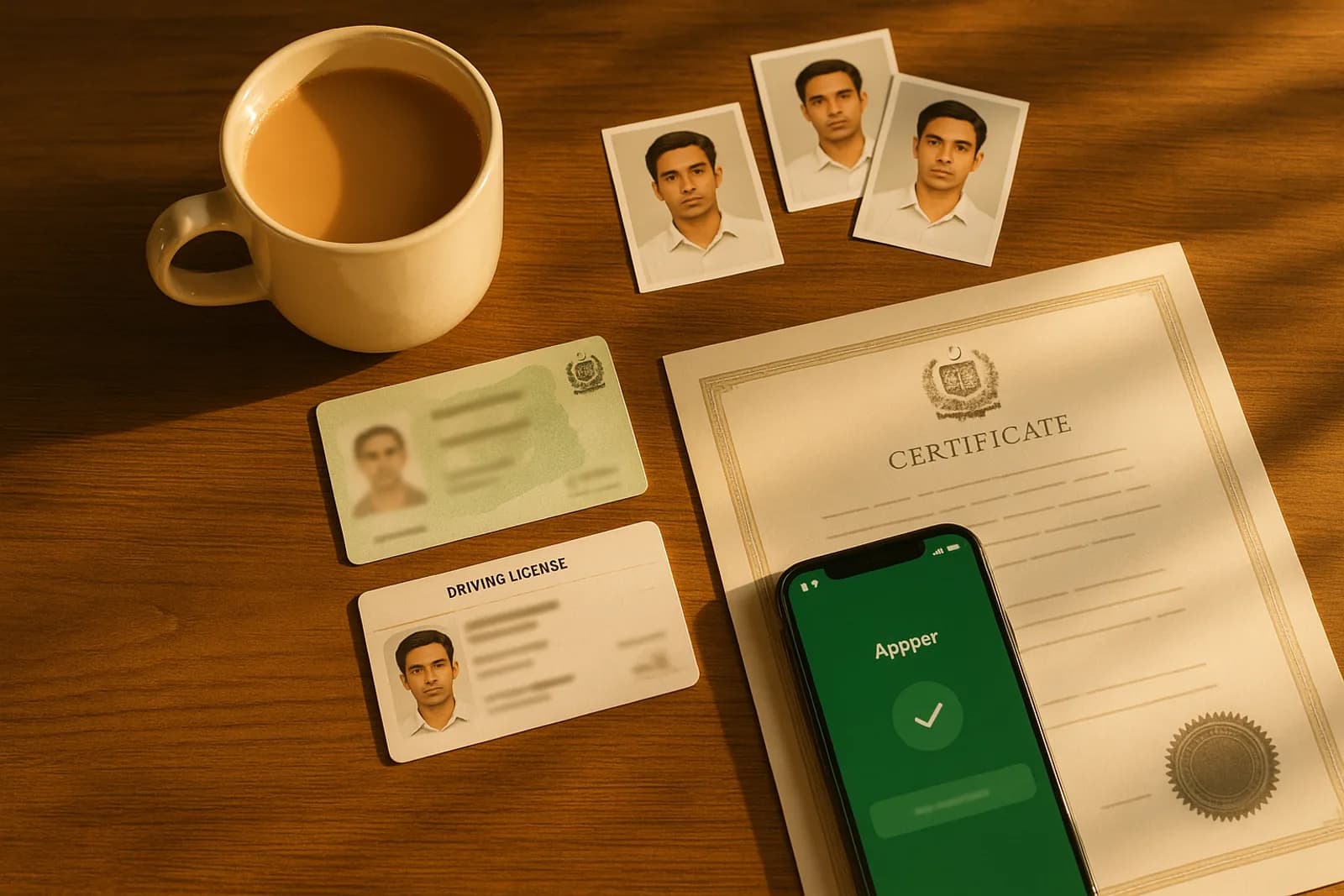 Documents laid out ready for a government employee e-bike application — identity card, licence, photos and certificates