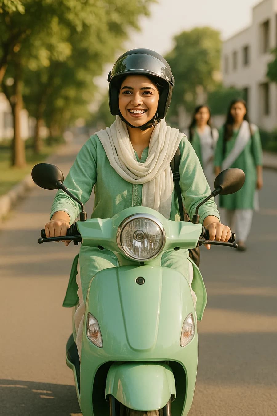 A female college student riding a mint-green electric scooty through a city street