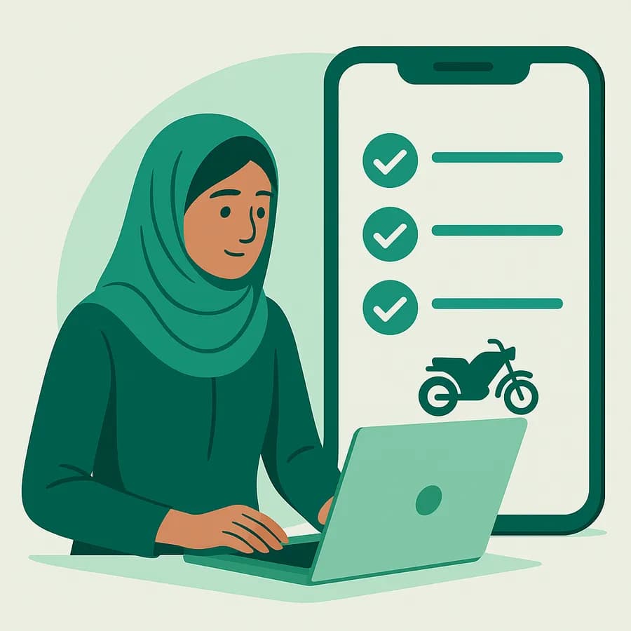 Illustration of an applicant completing the online e-bike application with a document checklist