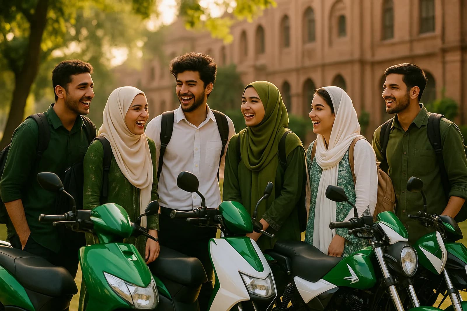 Eligible university students with their electric bikes outside an HEC-recognized campus