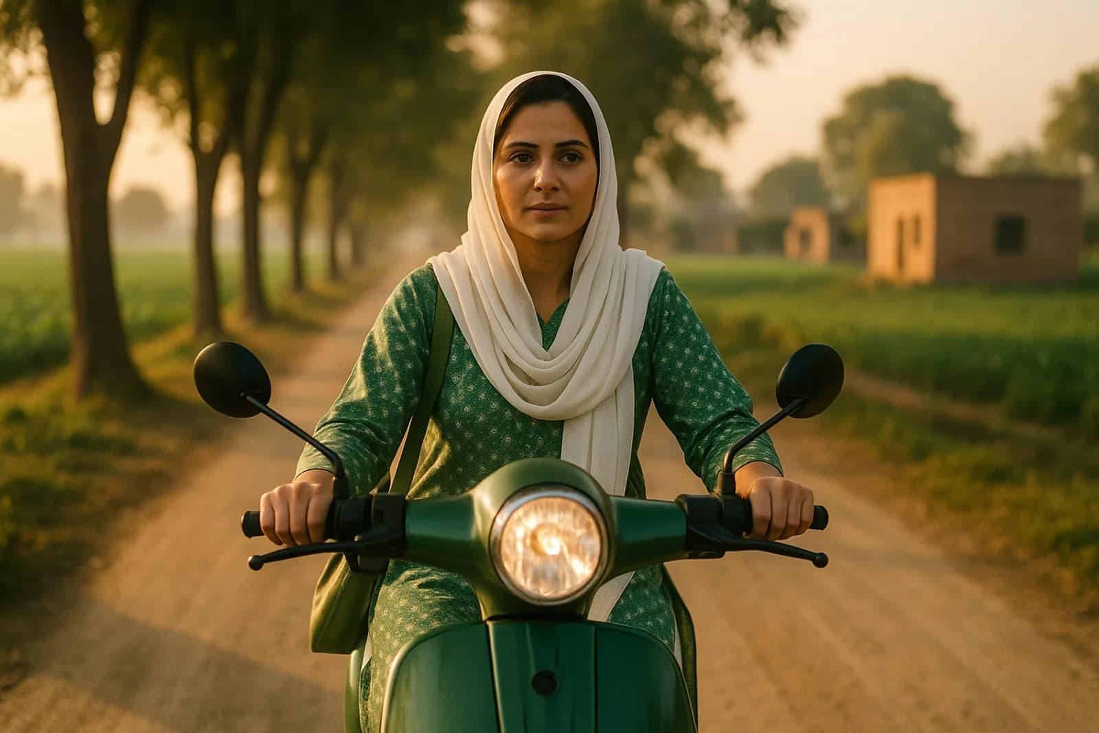 A government school teacher commuting on her scheme electric scooter along a rural Punjab road