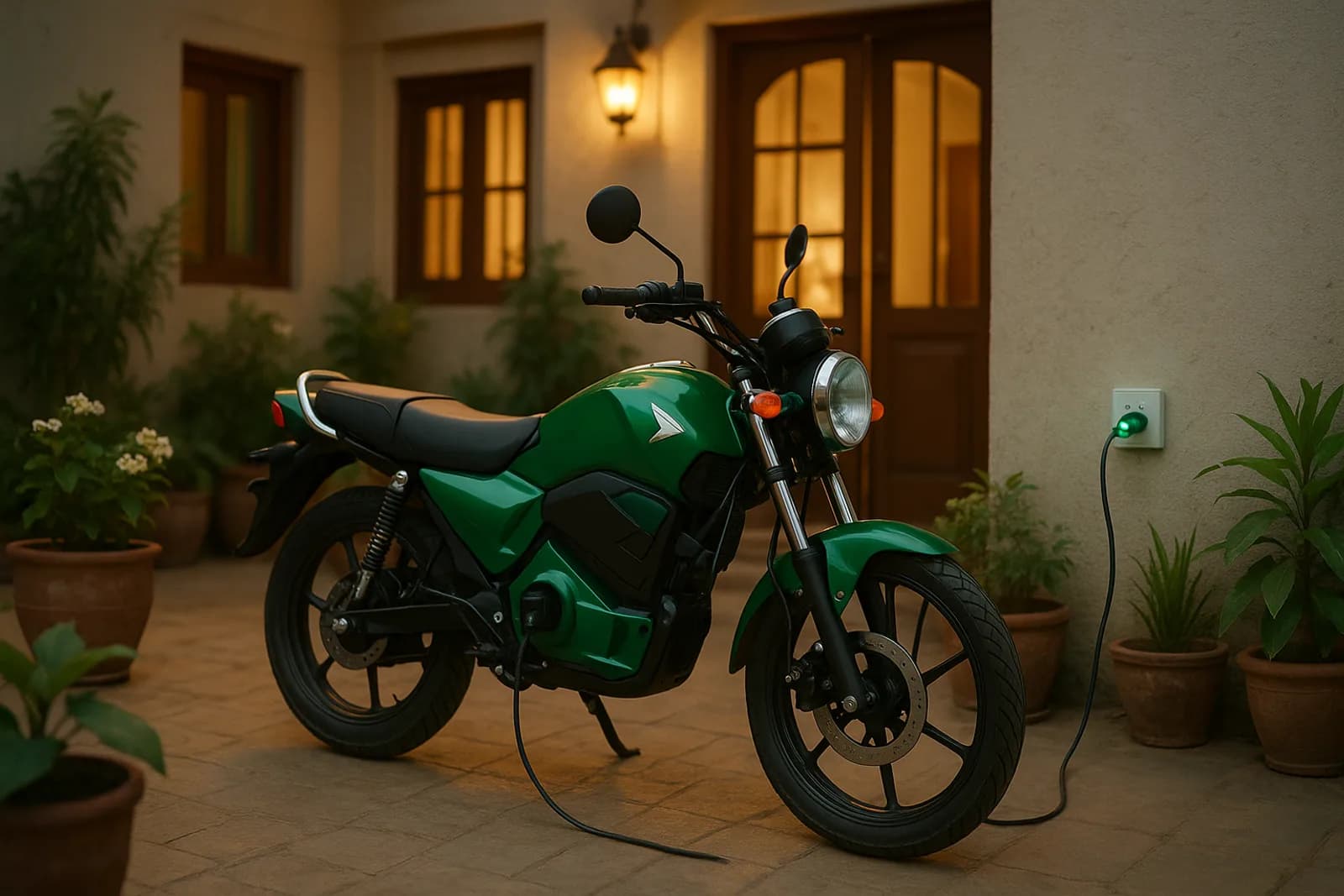 An electric bike charging overnight from a normal wall outlet in a Pakistani home courtyard